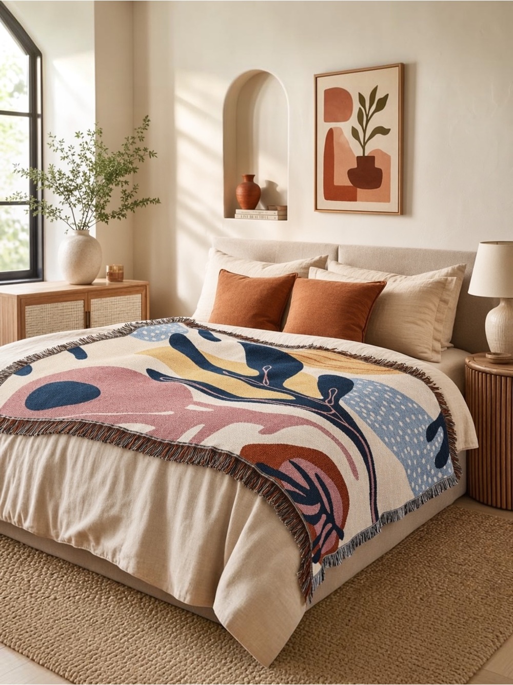 NEW Anthro Boho Abstract Retro Tassel Throw Blanket Bedspread Quilt - 63" x 51"
